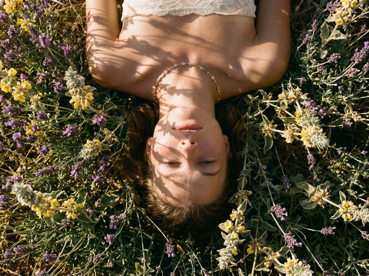 Model lying among flowers wearing a ZULIE sleep necklace
